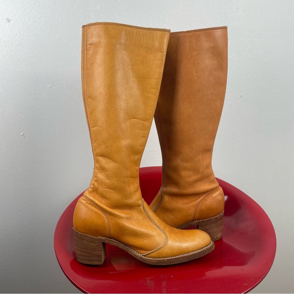 VTG Frye Campus Boots Size 8AA Leather Tan USA Knee High Side Zip Western